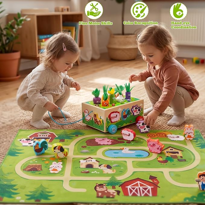 Montessori Toys for 1 Year Old|Wood Animal Shape Sorting Toys with Game Map | First Birthday Gifts for Girls|Educational Toys for 1 Year Old|Farm Carrot Harvest learning Toys|1st birthday girl gifts