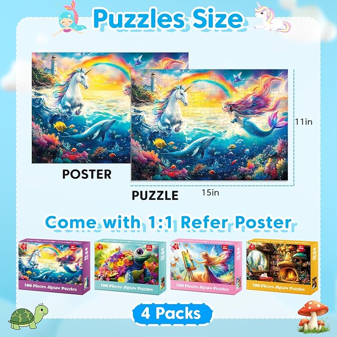 4 Packs 100 Piece Puzzles for Kids Ages 6-8 8-10, Fantasy Mermaid Unicorn Puzzle for Girls 4-6 Years Old Educational 100 Piece Large Jigsaw Puzzles, Kids Puzzles 4-6 Toys Gifts for Girls Boys