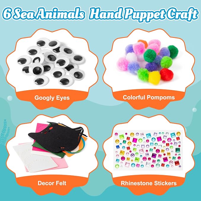 WATINC Hand Puppet Making Kit, Felt Sock Puppet Toys for Kids (Ocean) | 6 Styles, Make Your Own Storytelling & Role Play Crafts, Creative Group Activity, Party Favors & Gifts for Kids Ages 4-8