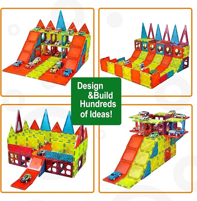 BUBUQE Magnetic Tiles Parking Building Playset with 10 Pull-Back Metal Cars for Kids Construction STEM Toy Preschool Creativity Learning Birthday Gift for Girls Boys Toddlers 3 4 5 6 7 8