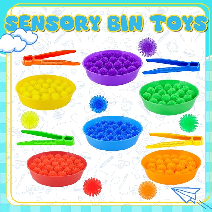 Bbiamsleep 136 Pcs Sensory Bin Filler Fine Motor Skills Sensory Bin Items | Light Box Manipulatives Include Colorful Hedge Balls Tweezers Scissors Clips Sorting Bowls for Counting Sorting Training