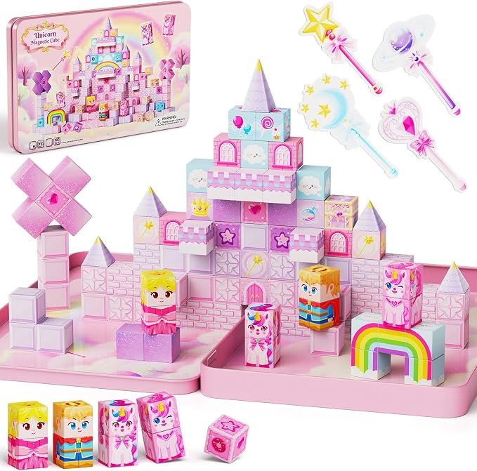 Unicorn Magnetic Cubes for Travel: 100 PCS Castle Princess Playset | Magnet Building Blocks Toys with Tin Storage Case - 60 Min Quiet Car & Airplane Activity Game for Girls Toddlers Ages 3-8