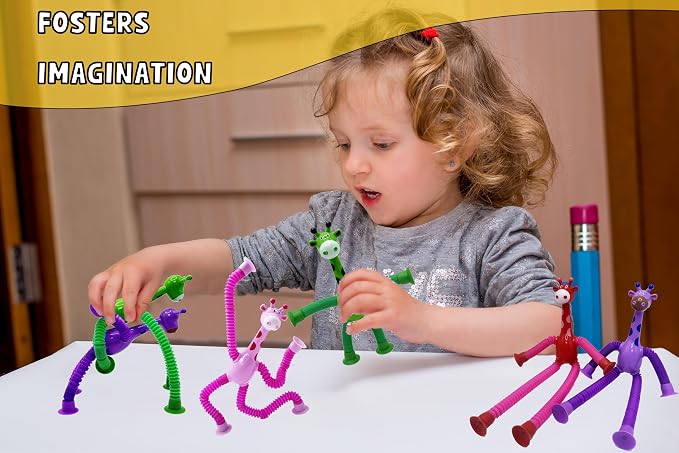 Giraffe Fidget Toys 12 Pack, Sensory Travel Toy with Suction Cups, Stretchy Pop Tubes for Kids, Autism Sensory Toys, Stress Relief Fidget Toys for Boys Girls Ages 3-8, Easter Christmas Birthday Gifts