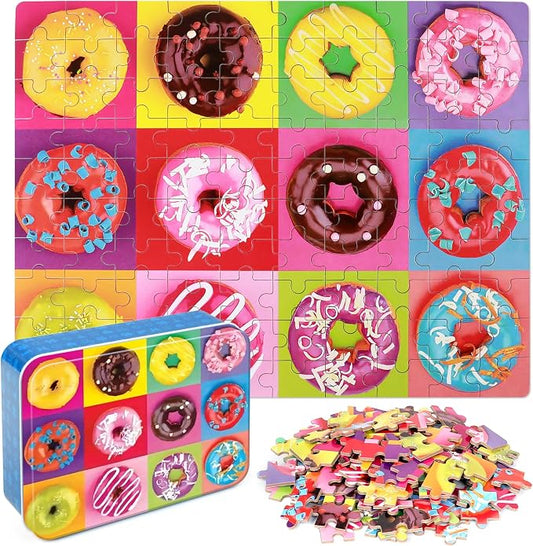 LELEMON Puzzles for Kids Ages 4-6,100 Piece Puzzles for Kids in Metal Box | Donut Puzzle Educational Kids Puzzles Jigsaw Puzzles for Kids Ages 6-8,100 Piece Puzzle Games Toys for Girls and Boys