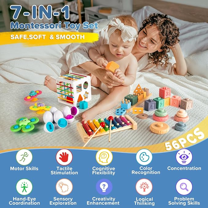 Somastung 7‑in‑1 Montessori Baby Toys for 6‑12 Months & 1+ Years, Infant Sensory Teething & Stacking Blocks | Wooden Shape Sorter, Xylophone Musical Toy, Birthday Gift for Toddlers 1‑3