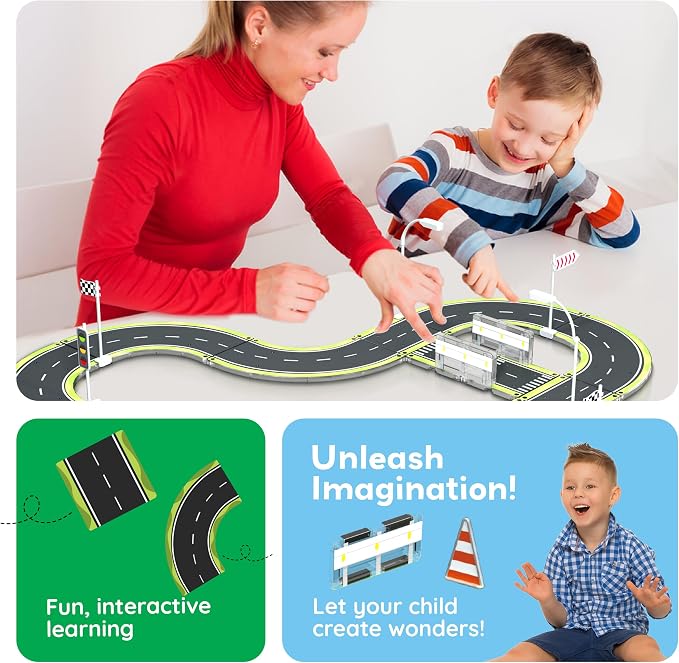 PicassoTiles Magnet Tile Building Block Construction Toy Set Street Sign Traffic Kit Highway Road Race Track with Bumper Barricade Accessory Sticker Education Magnetic Tiles Kids Age 3+ PTR03