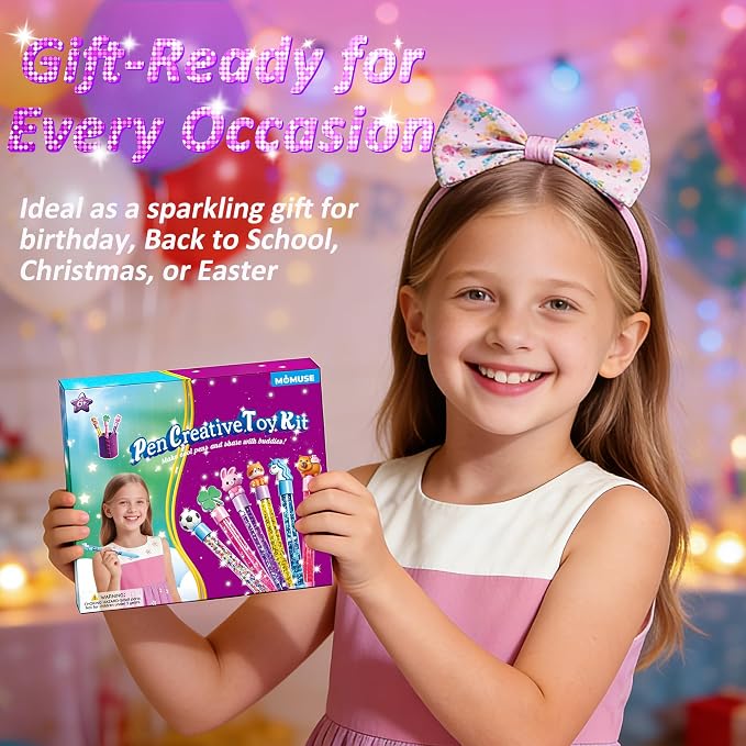 MOMUSE DIY Pen Making Kit for Kids Girls 6-12, Pen Creator Studio Craft Kit | Sewing Your Own Pen Holder, Make 6 Sparkly Glitter Pens, Girls Tweens Birthday Gift, Mess-Free