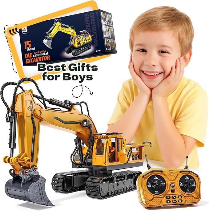 RC Excavator Toys for 3 4 5 6 7 8 Year Old Toddler Boys, 15 Channel Remote Control Construction Toys W/Sandbox & 2.2 lb Sands, Sandbox Toys W/Light & Sound, Birthday Gift for Kids Boys Age 4-6