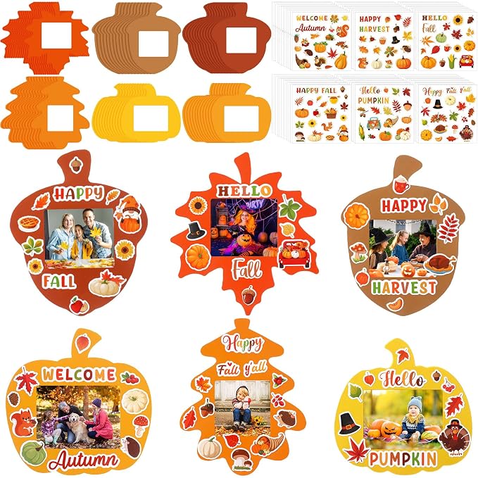 Memorywuu 72 Sets Thanksgiving DIY Crafts Kit Fall Picture Frames Autumn DIY Photo Frames Pumpkin Maple Leaf Pine Cone Photo Frame Decor for Kid Home Classroom Thanksgiving Day Kits Game Activities