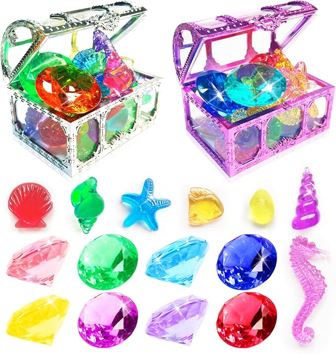 60Pcs Diving Gems Pool Toys Big Colorful Diamonds Set with Treasure Chest | Fake Plastic Acrylic Crystal Seashell & Gemstones, Underwater Mermaid Hunt Pirate Treasure Games for Kids, Purple and Silver