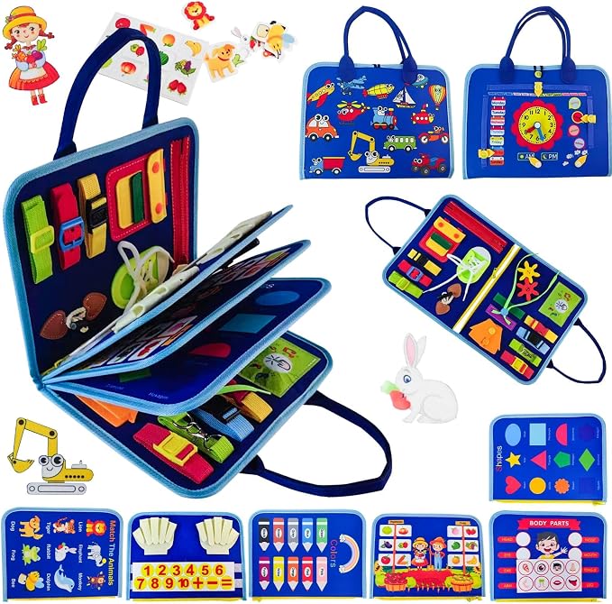 Toddlers Busy Board, Montessori Sensory Activity Board with Fine Motor Skills Learning Toys, Travel Toy for Airplane and Car, Educational Gift for Boys and Girls