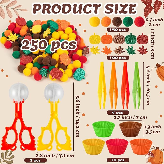 EZdhuawuse Fall Sensory Bin Fillers Toys- 267Pcs Thanksgiving Gifts Fine Sorting Stacking Motor Toys for Kids, Autumn Glitter Felt Maple Leaf Pumpkin Sorting Activity for Preschool Early Development