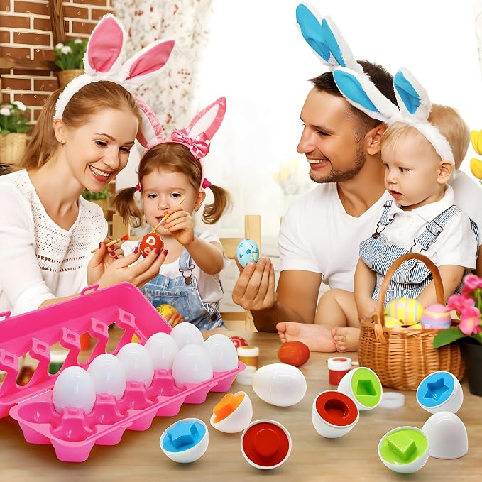 MOONTOY Montessori Matching Egg, 12PCS Color & Shape Recognition Toy for Toddler 2-3, Educational Learning Eggs Toy with Pink Storage Case, Easter Eggs Basket Stuffers Gift for 18M+ Year Old Girl Kid