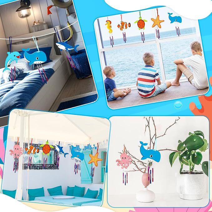 Wooden Ocean Animals Wind Chime Kit Make Your Own Sea Animal Crafts Coloring DIY Wind Chime kit for Summer Activities Birthday Favor School Home Art Party Decorations 9 Pack