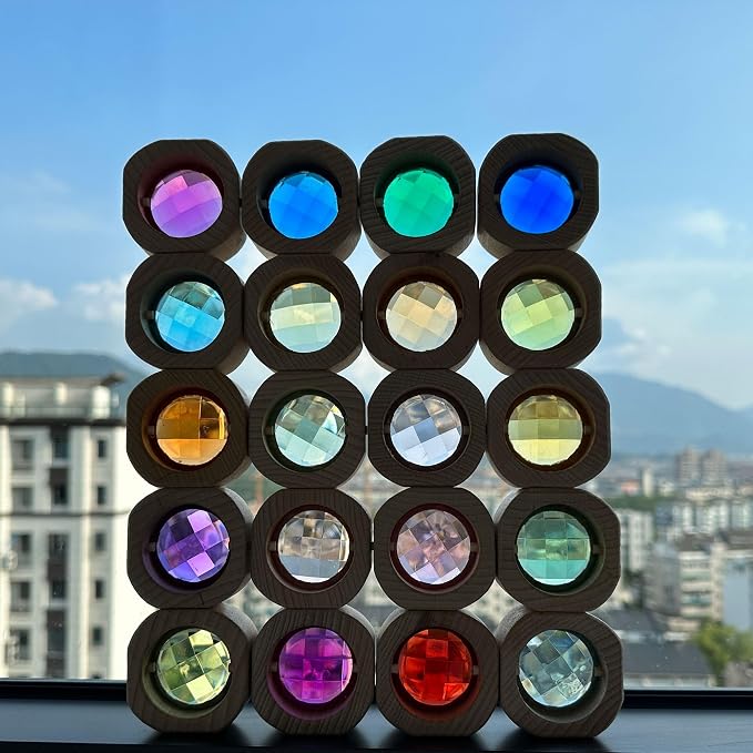 20PCS Wooden Gem Blocks Stacking Toys,Colorful Acrylic Windows Blocks, Rainbow Crystal Acrylic Building Cubes Educational Sensory Training Crystal Toys (20PCS Round Gem Blocks)