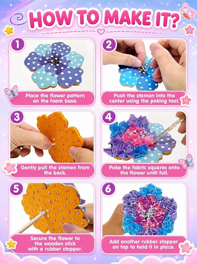 Kivonio Poke Art Kit for Kids - Flower Bouquet, DIY Wood Craft Kit, Mess Free Creative Play for Girls and Boys Ages 4, 5, 6, 7, 8, 9, Fine Motor Skills, Screen-Free Fun