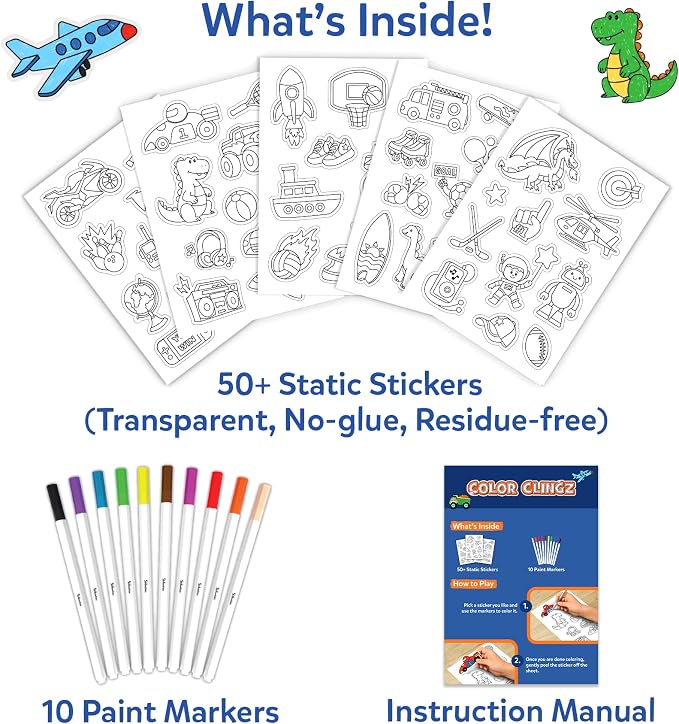 Skillmatics Color Clingz – Cars, Sports, Dinos & More, Reusable Stickers | 50+ DIY Stickers, Travel Toys, Mess-Free, Window Art & Craft Kit, Gifts for Toddlers, Girls & Boys Ages 3, 4, 5, 6, 7