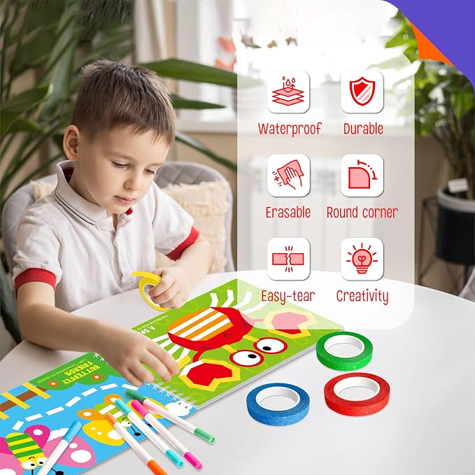 SpriteGru Tape Activity Book, 30 Dry Erase Scenes and 4 Colorful Tapes, Reusable & Erasable Pages and Easy-Tear Tapes, Fun and Creative Game Pad for Road Trip, Travel, At Home
