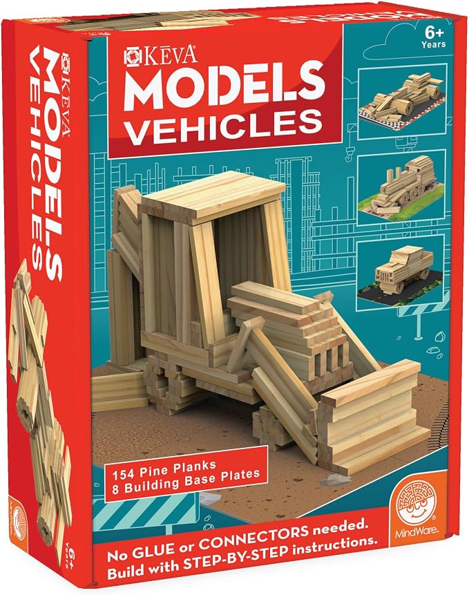 MindWare KEVA Models Vehicles - 154 Wooden Building Planks & Step-by-Step Instructions to Build Iconic Vehicles