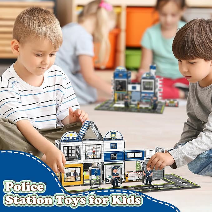 AFUNX Police Station Magnetic Tiles Building Set for Kids Ages 3+ | Strong Magnets, Compatible with Major Magnetic Tile Brands, Police Pretend Play, Creative Building,Gift Ready