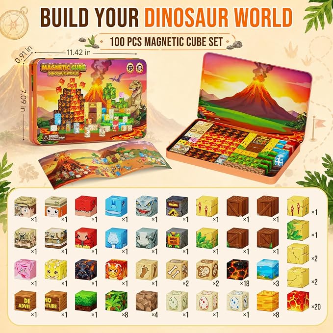 Dinosaur Magnetic Blocks Travel: 1.48lb 100PCS Volcano Tin Set | 7 Dinos 2 Explorers 60-Min Multi-Kid Story, N32 Quiet Road Trip Car Airplane Activities Toys for Kids Boys Girls Ages 3-8