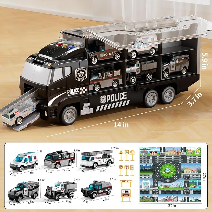 NIPLOOOW Toddler Boys Toys for 3 4 5 6 Years Old, Police Truck Vehicle Toy Set with Play Mat and Die-Cast Toy Car, Transport Carrier Truck for Kids, Birthday Gifts Toys for 3 4 5 6 7 8+ Year Old Boys