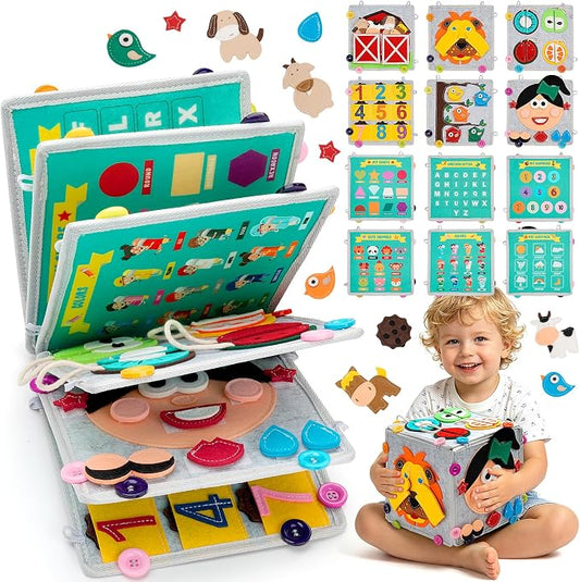 Toddler Busy Book, Montessori Toys Busy Board for Toddlers Birthday Gifts | Felt Book & Cube Sensory Travel Toy, Toddlers Preschool Educational Learning Toys, Quiet Activity Books for Airplane Car,Grey