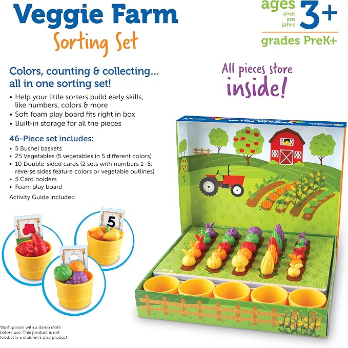 Learning Resources Veggie Farm Sorting Set - 46 Pieces, Ages 3+ Toddler Learning Toys, Preschool Toys for Color Sorting, Food Sorting Game