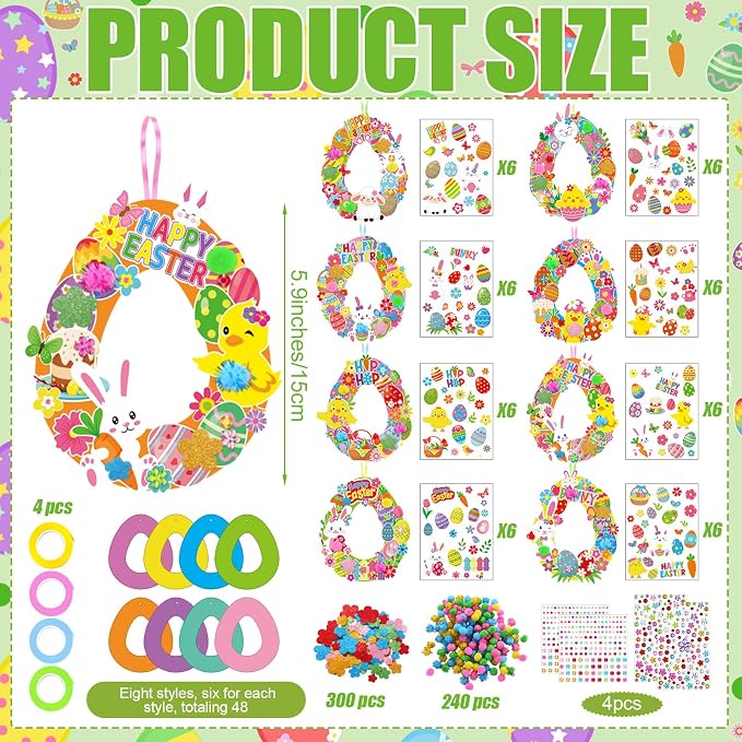 Hollowfly 48 Sets Easter Wreath Craft Kits DIY Paper Ornaments Stickers | For Kids Party Favors and Classroom Activities, Hangable Door Decor, Bulk Easter Craft Supplies for Spring Celebrations