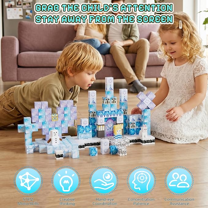 200PCS Magnetic Blocks, Magnetic Building Blocks, 0.78in Magnetic Building | STEM Game Stacking Toys for Kids, Birthday Gifts for Boys and Girls Age 3+ Years Old (ICE, Count, 200)