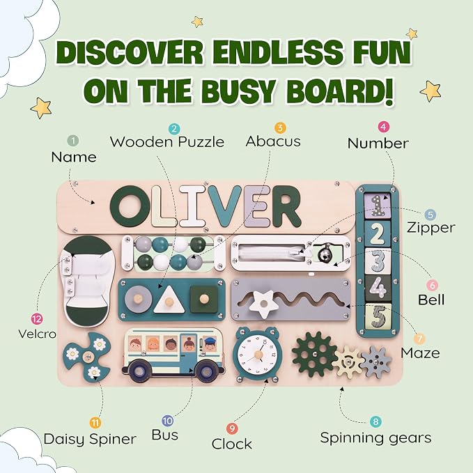 Busy Board Bear for Toddlers Wooden Montessori Toys, Wooden Controller Sensory Toy for Autistic Children & ADHD Sensory Board for Education & Learning Green