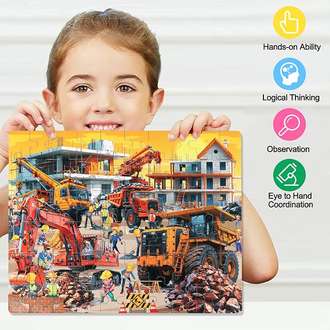 LELEMON Puzzles for Kids Ages 4-8 60 Piece Construction Site Puzzle for Kids Boys Girls Children Learning Educational Puzzls Portable Box Pack Toy