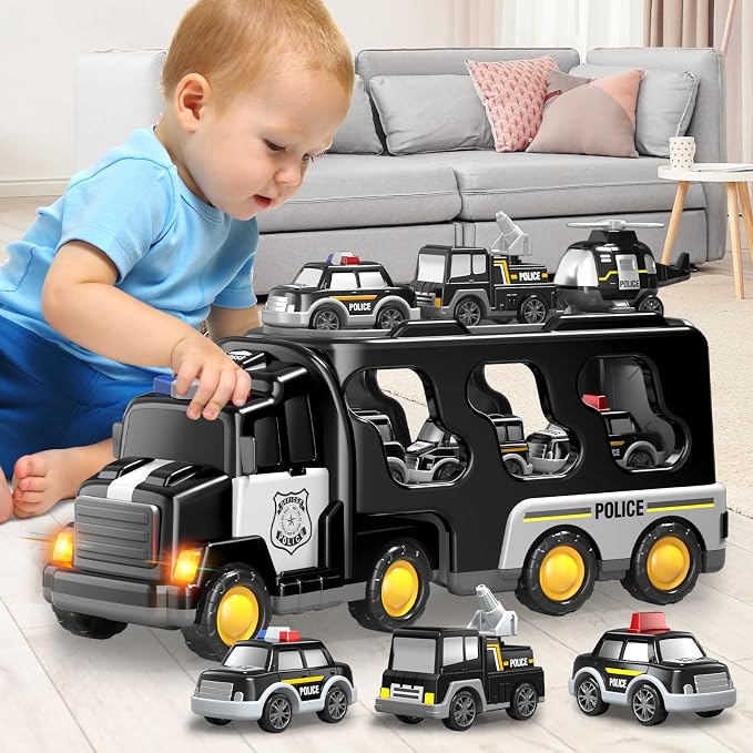 Beby Buty 7 in 1 Police Trucks Cars Toys for Toddlers 3-5, Boy Toddler Car Truck Toys with Light Sound, Birthday Gifts Toys for 3 4 5 6 Year Old Boy, Transport Carrier Truck for Toddlers 3-5 Years