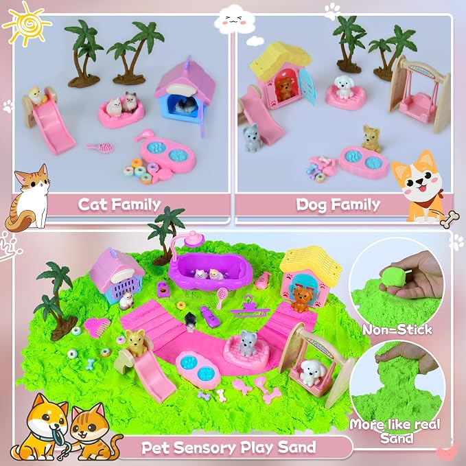 Pet Sensory Bin, Cat & Dog Sensory Play Sand Art Kit Set for Toddlers Kids | Sensory Bin with Sandbox & Tools & Pet Care Set, Indoor Outdoor Pretend Play Beach Toy Gift for Girls Boys 3 4 5 6 7 8