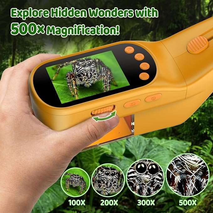 Handheld Microscope for Kids, Outdoor Explorer STEM Toy with Bonus Tools, 2.4" IPS Screen, Ergonomic Grip, Digital Camera, Photo/Video, Magnifier, Science Kit – Gift for Boys & Girls Age 3-12