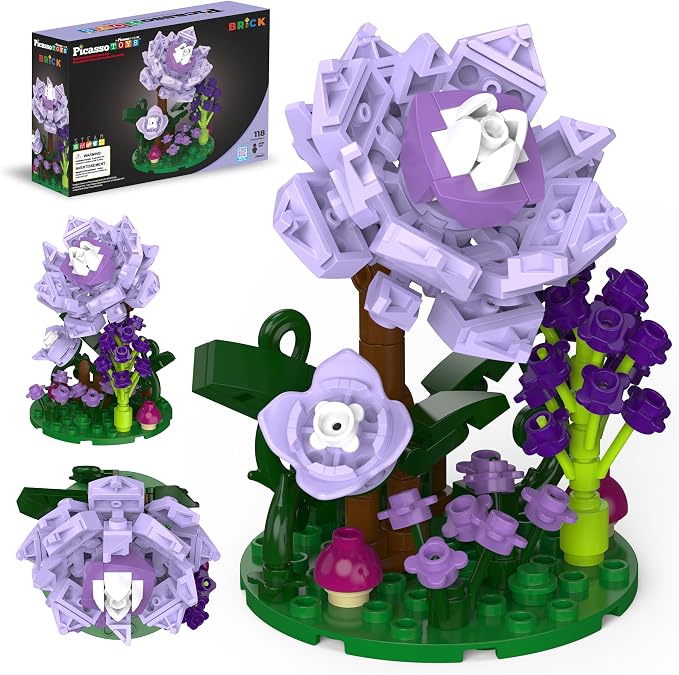 PicassoTiles 118pc Flower Garden Building Block Set STEM Educational Toy Kids Ages 3 and Up Creative DIY Floral Arrangement Construction Kit for Boys Girls Fun Learning Purple Dahlia Playset PBS221