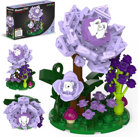PicassoTiles 118pc Flower Garden Building Block Set STEM Educational Toy Kids Ages 3 and Up Creative DIY Floral Arrangement Construction Kit for Boys Girls Fun Learning Purple Dahlia Playset PBS221