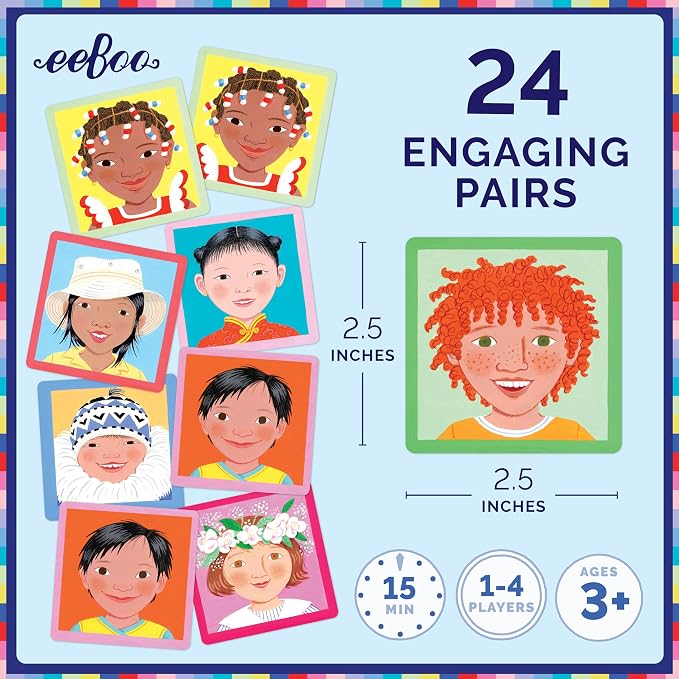 eeBoo I Never Forget a Face Memory & Matching Game, Ages 3+ for 1-4 Players | Game sharpens recognition, concentration & memory skills. Includes 48 tiles, 24 pairs. Engaging play for the whole family