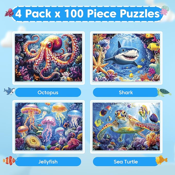 4 Pack 100 Piece Puzzles for Kids Ages 4-8 | Large Piece Kids Puzzles Ages 4-10, Ocean Theme Jigsaw Puzzle Toy, Educational Family Learning Gift for Boys Girls