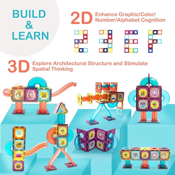 LTKFFFdp Magnetic Building Blocks STEM Educational Toys for Kids Ages 4-12, Ball Track and 3D Stacking Construction Set | 3D Magnet Cubes Building Blocks with Pipes, Montessori Birthday Gifts for Boys Girls Ages 3+, Compatible with Other Brands