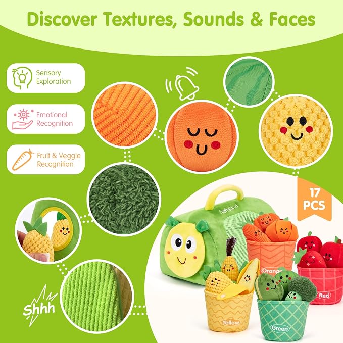 hahaland Montessori Toys for 1 Year Old - Baby Fruit Vegetable 6-12 Months | 17 PCs Sensory Toys Color Sorting Plush Play Food with Caterpillar Bag, 9 10 12 Month Old Toy 1st One Year Old Birthday Gifts