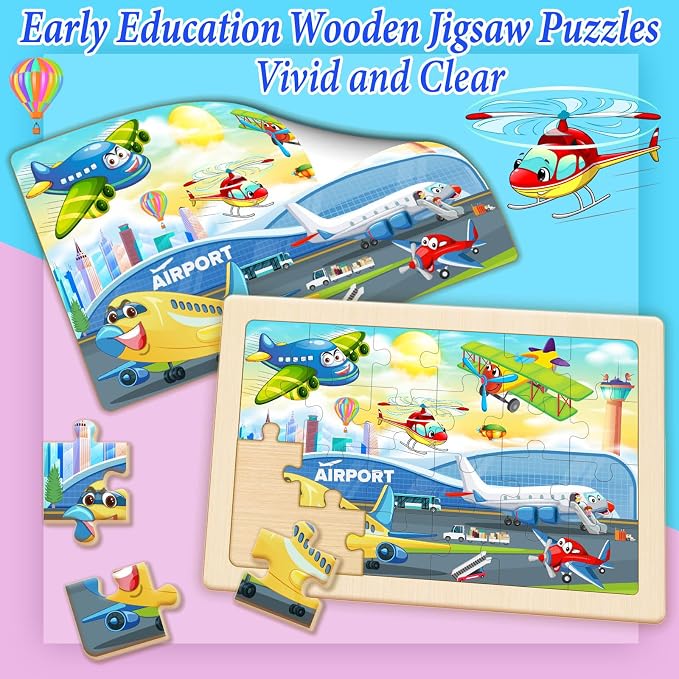 Wooden Puzzles for Kids Ages 4-6, 4 Pack 24 Pcs Toddler Puzzles Set for Ages 3-5, Educational Learning Toys Gift for Boys Girls 3-8 (City Traffic, Airport, Construction, Ocean Cruise)
