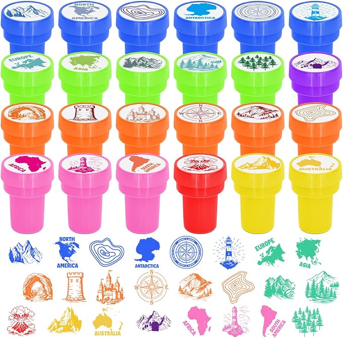 Cinrobiye 24 Pcs Geography Adventure Stampers Party Favor Set, Cute World Map Stamps for Kids Birthday Party, Classroom Rewards, Educational Learning Toys, Goody Bag Fillers, Themed Party Supplies