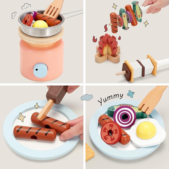 Pillowhale Wooden Campfire Playset – 25-Piece Kids S’Mores & Grill Pretend Camping Kitchen Toy, Glow-Look Fire, Skewers, Pan & Food, STEM Screen-Free Outdoor BBQ Gift for Boys & Girls Age 3+