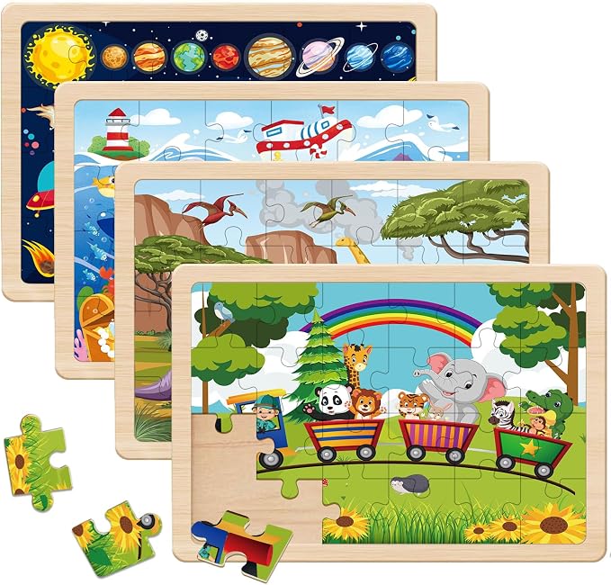 Wooden Puzzles Dinosaur Toys for Kids Ages 3-5, 4 Pack 24 Pieces | Wooden Jigsaw Puzzles Preschool Educational Learning Toys Gifts for 3 4 5 6 Year Old Boys and Girls