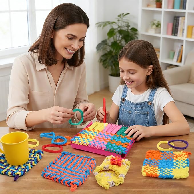 DDAI Weaving Loom Kit for Kids, DIY Potholder Craft Kit Ages 6+ | Compact 7-Inch Loom; Bright Color Loops; Easy Weaving Patterns; Hands-On Skill Building; Screen-Free Craft Fun.