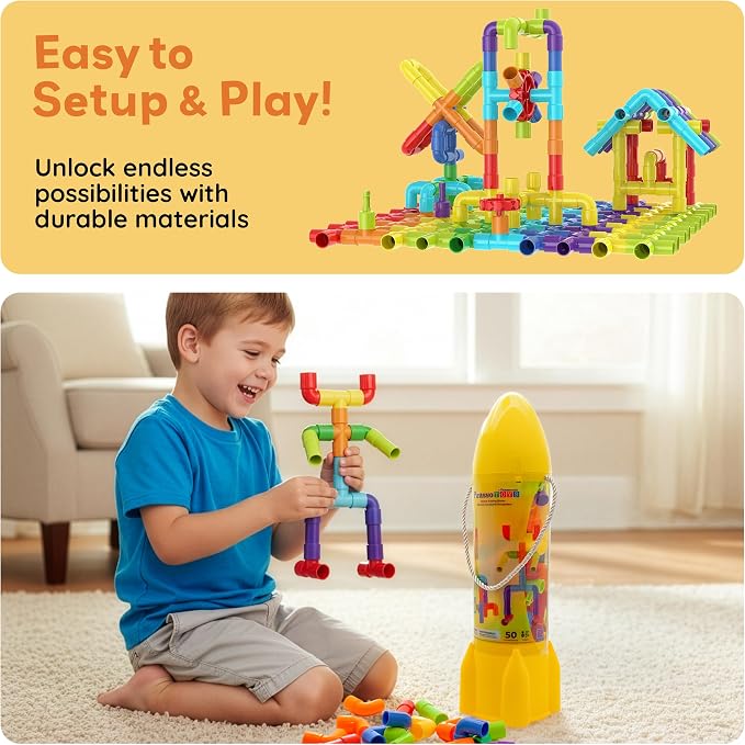PicassoTiles Pipe Tube Construction Building Toys Stacking Toy Puzzle Game for Early Learning Montessori Playset Educational Connector Blocks Brain Development Kit Ages 3+ Toddler Boys & Girls PTT137
