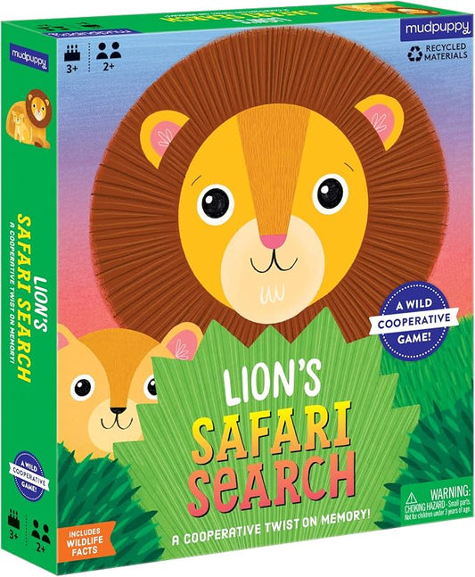 Lion's Safari Search Cooperative Game from Mudpuppy - Memory Matching Game with 1 Game Board, 1 Lion Mat, 1 Sun Token, 20 Grass Shaped Tiles & Fun Facts, Perfect for Family Game Night, 3+
