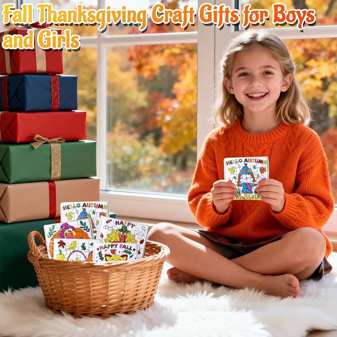 Thanksgiving Fall Arts & Crafts for Kids Autumn DIY Party Favors Puzzle Kit | 24Pcs Fall Craft Jigsaw Pumpkin Turkey, Thanksgiving Harvest Activities Classroom Gift School Coloring Game Toy Supplies Bulk