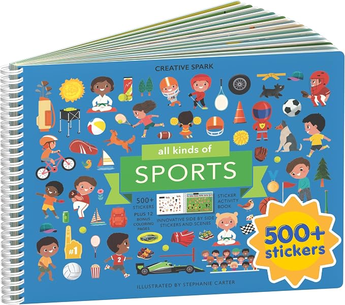 All Kinds of Sports 500+ Kids Sticker Book by Cupkin Fun Toddler Travel Activity Coloring and Sticker Book, Road Trip Essentials, 12 Coloring Pages 12 Scenes for Ages 2–8 Years